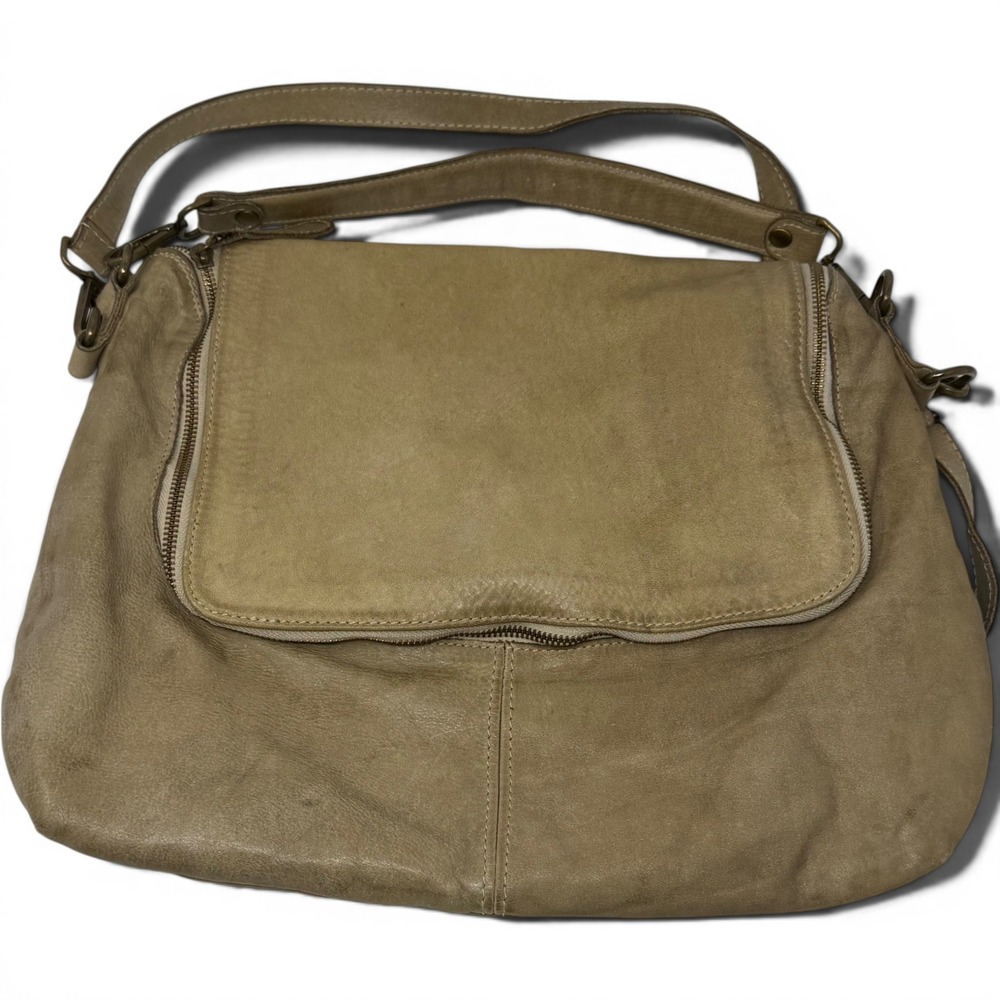 Vintage Made Italy Leather Hobo Shoulder Bag Taupe Beige Distressed y2k